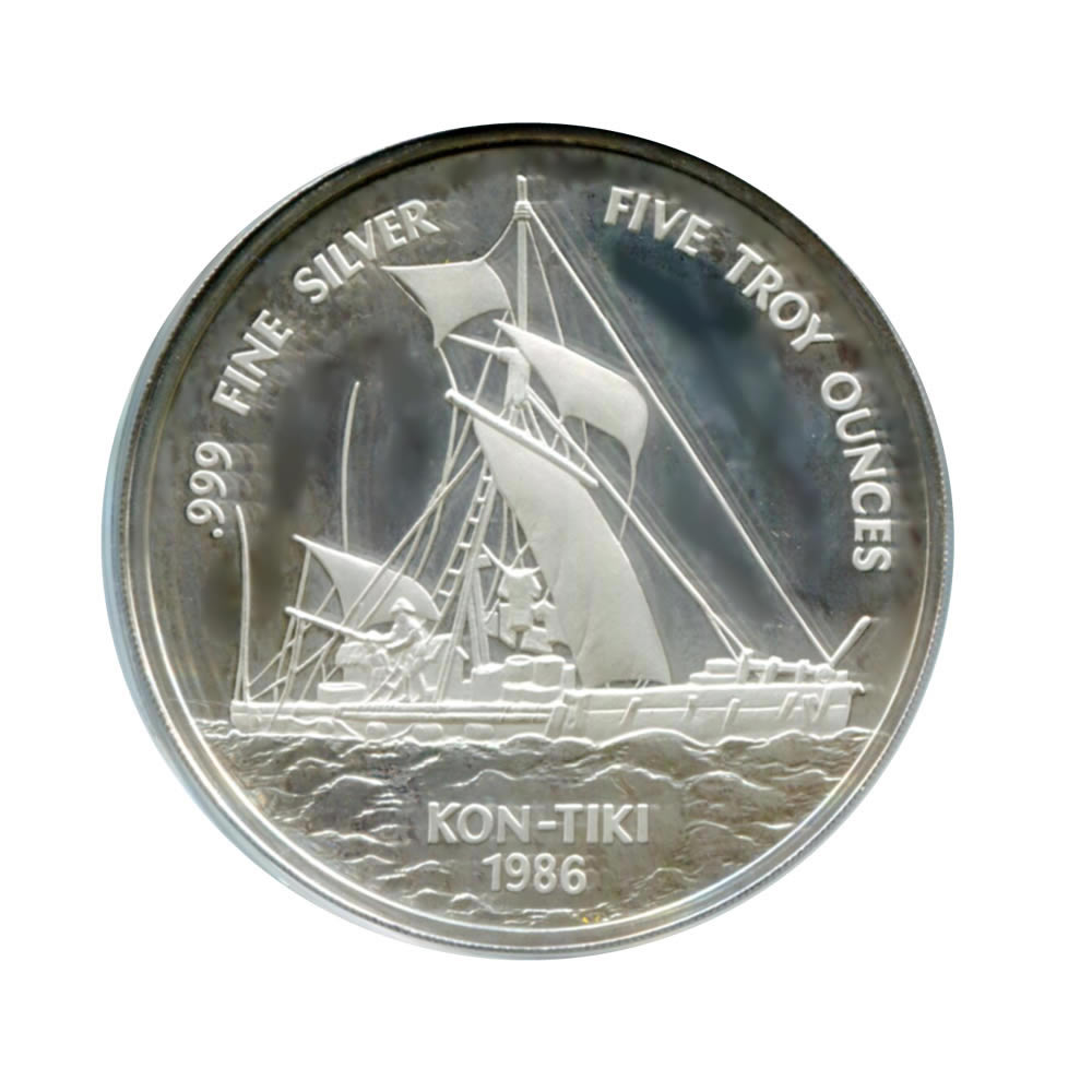 Western Samoa 25 tala 5 ounce silver Proof Kon Tiki ship