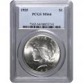Certified Peace Silver Dollar 1925 MS64 PCGS