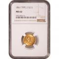Certified $2.5 Gold Liberty 1861 Type 2 MS62 NGC