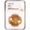Certified US Gold $20 Liberty 1885-S MS61 NGC