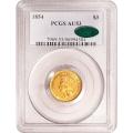 Certified $3 Gold Liberty 1854 AU53 PCGS CAC