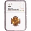 Certified $5 Gold Liberty 1901 MS63 NGC
