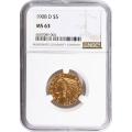 Certified $5 Gold Indian 1908-D MS63 NGC