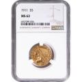 Certified $5 Gold Indian 1911 MS62 NGC