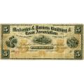 South Carolina Columbia 1873 $5 Mechanics & Farmers Bldg. & Loan Assoc. VG